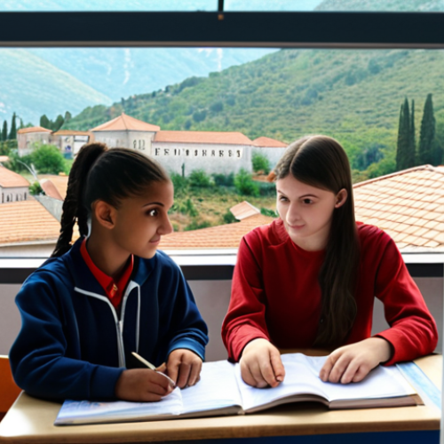 Home 4 **Multicultural classroom in Montenegro:** Diverse group of students learning together, Montenegrin landscape visible through the window, modern school setting, emphasis on global citizenship.