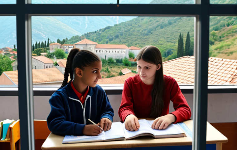 **Multicultural classroom in Montenegro:** Diverse group of students learning together, Montenegrin landscape visible through the window, modern school setting, emphasis on global citizenship.