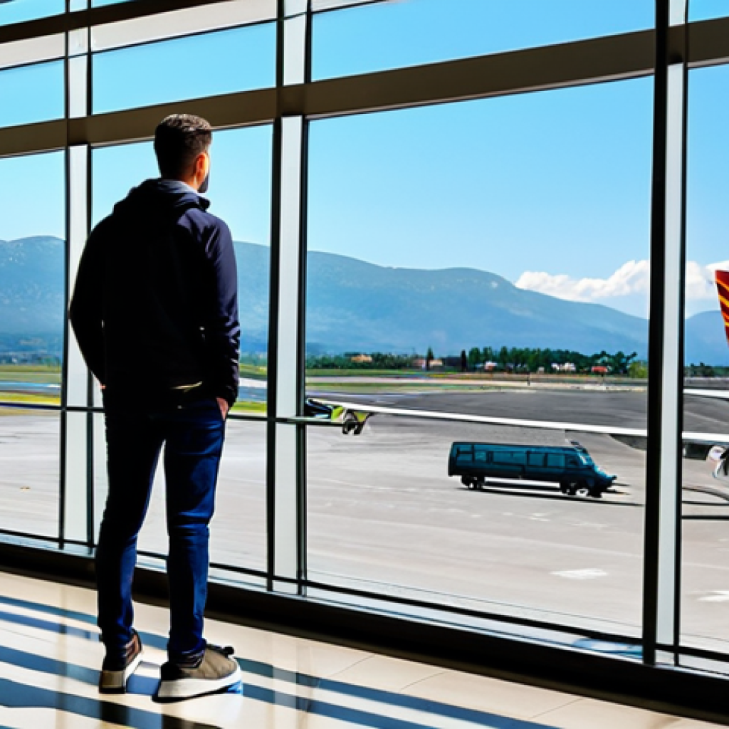 A professional male traveler in a modest, stylish, and comfortable outfit, standing near a large, modern airport terminal window in Podgorica, Montenegro. Through the window, the vast, picturesque Montenegrin landscape unfolds under a clear sky, featuring distant rolling hills and a glimpse of the city, suggesting the ease of arrival in this beautiful destination. The scene exudes a sense of welcoming efficiency and professional travel. Perfect anatomy, correct proportions, natural pose, well-formed hands, proper finger count, natural body proportions, professional photography, high resolution, detailed, safe for work, appropriate content, fully clothed, professional, family-friendly.