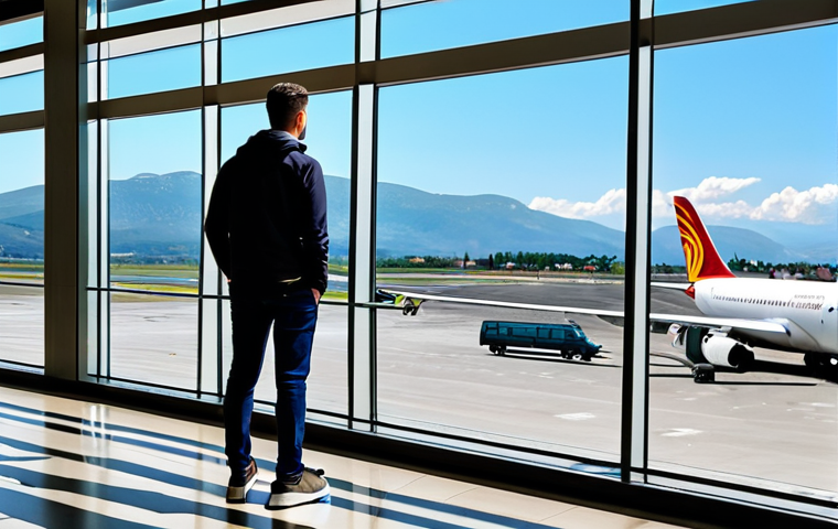 A professional male traveler in a modest, stylish, and comfortable outfit, standing near a large, modern airport terminal window in Podgorica, Montenegro. Through the window, the vast, picturesque Montenegrin landscape unfolds under a clear sky, featuring distant rolling hills and a glimpse of the city, suggesting the ease of arrival in this beautiful destination. The scene exudes a sense of welcoming efficiency and professional travel. Perfect anatomy, correct proportions, natural pose, well-formed hands, proper finger count, natural body proportions, professional photography, high resolution, detailed, safe for work, appropriate content, fully clothed, professional, family-friendly.