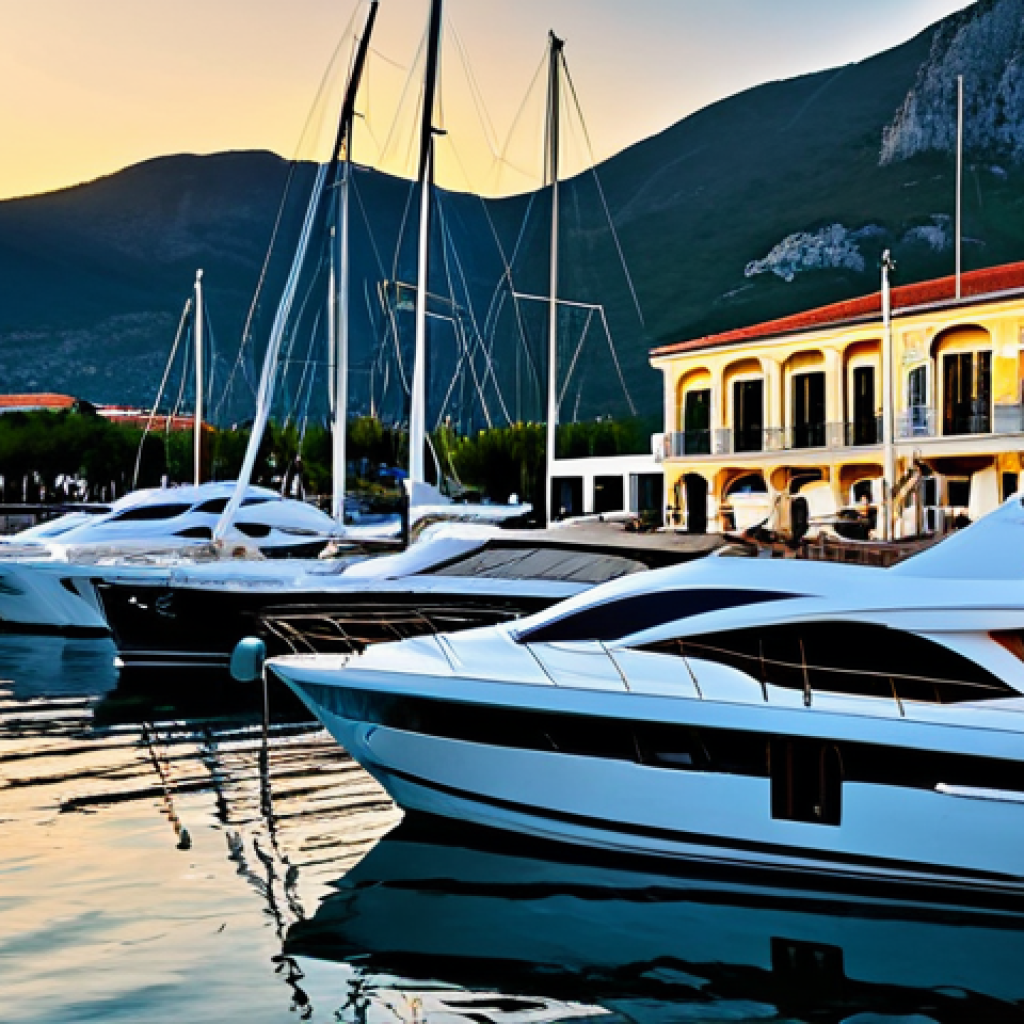Porto Montenegro Marina at Sunset**
Luxury yachts docked in Porto Montenegro marina, golden sunset reflecting on the water, high-end boutiques and restaurants in the background, elegant atmosphere, safe for work, appropriate content, fully clothed, professional, perfect anatomy, natural proportions, professional photography, high quality.
**