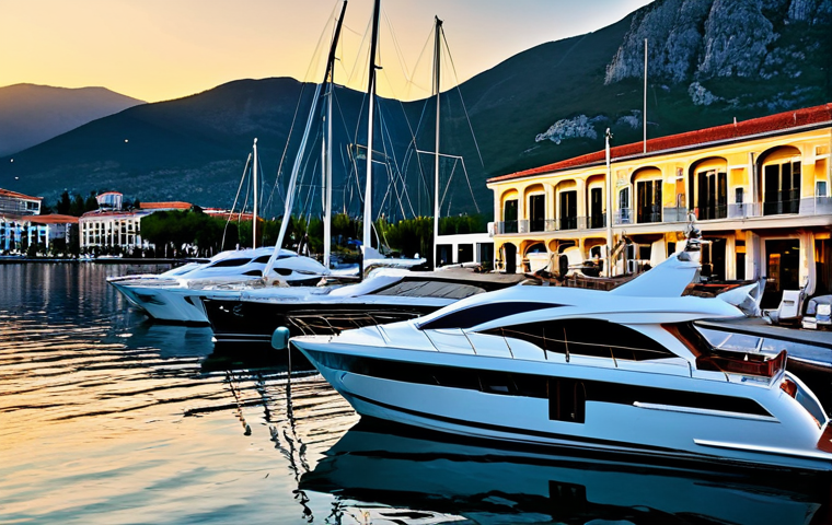 Porto Montenegro Marina at Sunset**
Luxury yachts docked in Porto Montenegro marina, golden sunset reflecting on the water, high-end boutiques and restaurants in the background, elegant atmosphere, safe for work, appropriate content, fully clothed, professional, perfect anatomy, natural proportions, professional photography, high quality.
**