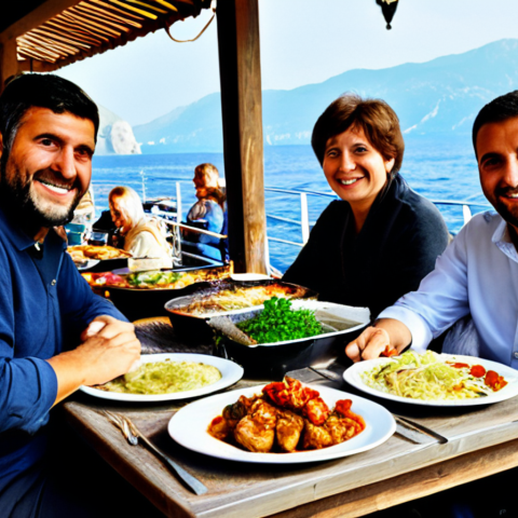 Montenegrin Feast**
A rustic wooden table laden with Montenegrin dishes: grilled fish drizzled with olive oil and lemon, black risotto, *Japraci* (slow-cooked lamb), and *Cevapi* served with onions and Ajvar. The setting is a sun-drenched terrace overlooking the Adriatic Sea. People are gathered, smiling and enjoying the food in modest, everyday clothing. The scene evokes a family-friendly, professional photograph. Perfect anatomy, correct proportions, well-formed hands, proper finger count, natural body proportions, fully clothed, appropriate attire, safe for work, professional, modest, family-friendly, high quality.
**