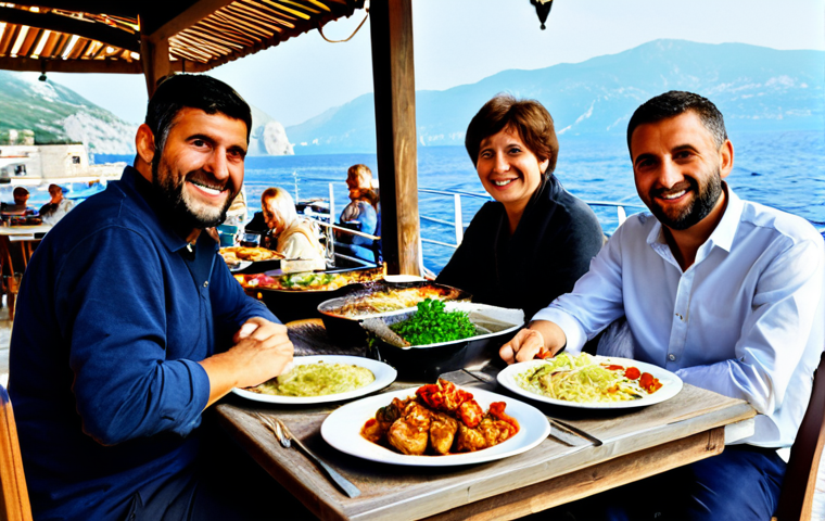Montenegrin Feast**
A rustic wooden table laden with Montenegrin dishes: grilled fish drizzled with olive oil and lemon, black risotto, *Japraci* (slow-cooked lamb), and *Cevapi* served with onions and Ajvar. The setting is a sun-drenched terrace overlooking the Adriatic Sea. People are gathered, smiling and enjoying the food in modest, everyday clothing. The scene evokes a family-friendly, professional photograph. Perfect anatomy, correct proportions, well-formed hands, proper finger count, natural body proportions, fully clothed, appropriate attire, safe for work, professional, modest, family-friendly, high quality.
**