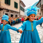 몬테네그로의 유명 축제 - **Kotor Carnival Scene:** A vibrant and joyful carnival parade winding through the narrow, ancient s...