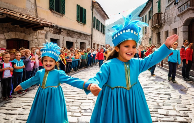 몬테네그로의 유명 축제 - **Kotor Carnival Scene:** A vibrant and joyful carnival parade winding through the narrow, ancient s...