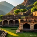 바르 요새 - **Prompt:** A wide, atmospheric shot of the ancient Bhangarh Fort ruins in Rajasthan, India, bathed ...