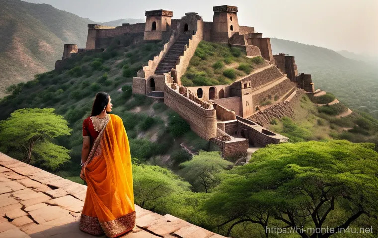 바르 요새 - **Prompt:** A wide, atmospheric shot of the ancient Bhangarh Fort ruins in Rajasthan, India, bathed ...