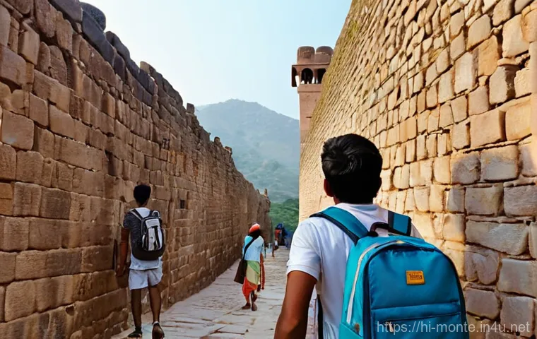 바르 요새 - **Prompt:** A majestic, slightly elevated view of Bhangarh Fort, capturing its sprawling architectur...